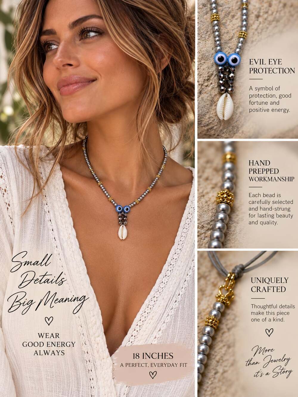 Handmade Evil Eye Protection Necklace 18 Inches Silver Beaded Shell